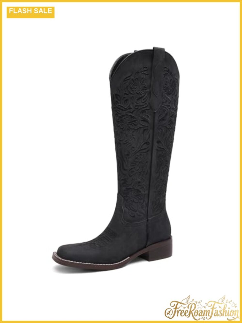 Embroidered Cowboy Boots Knee High Western Pull On Block Heel Square Toe